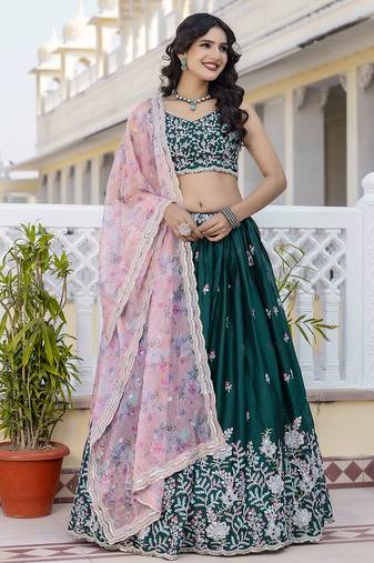 dark green Chiffon Embroidery Lehenga Choli with Floral Print Dupatta for Women