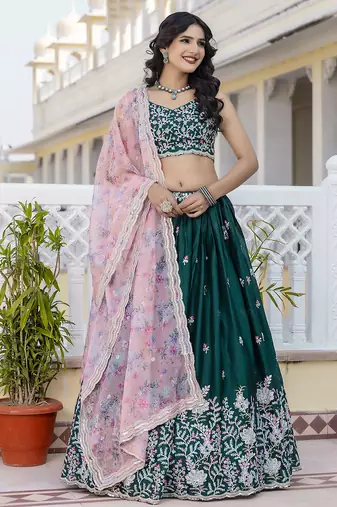 dark green Chiffon Embroidery Lehenga Choli with Floral Print Dupatta for Women