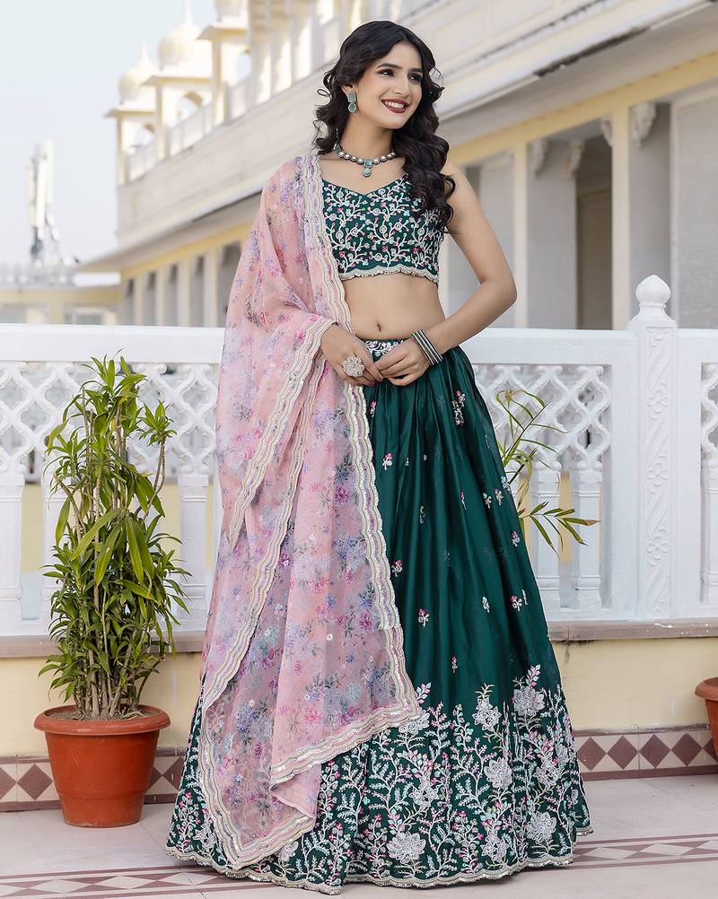 dark green Chiffon Embroidery work Lehenga Choli with Floral Print Dupatta for Women