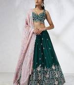 dark green Chiffon Embroidery work Lehenga Choli with Floral Print Dupatta for Women