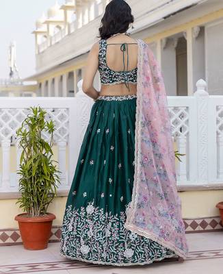 dark green Chiffon Embroidery work Lehenga Choli with Floral Print Dupatta for Women 3