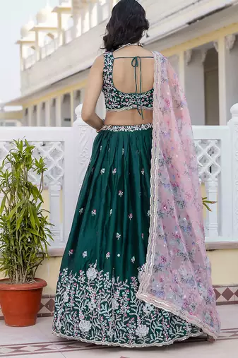 dark green Chiffon Embroidery work Lehenga Choli with Floral Print Dupatta for Women