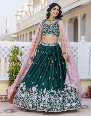 dark green Chiffon Embroidery work Lehenga Choli with Floral Print Dupatta for Women 4