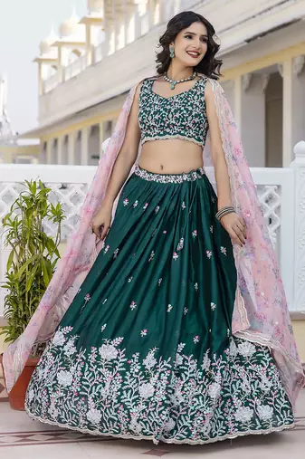 dark green Chiffon Embroidery work Lehenga Choli with Floral Print Dupatta for Women
