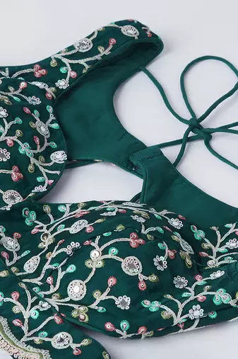dark green Chiffon Embroidery work Lehenga Choli with Floral Print Dupatta for Women