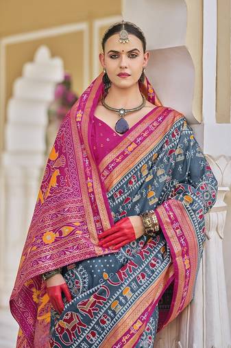 Silk Blend foil print classic saree in grey