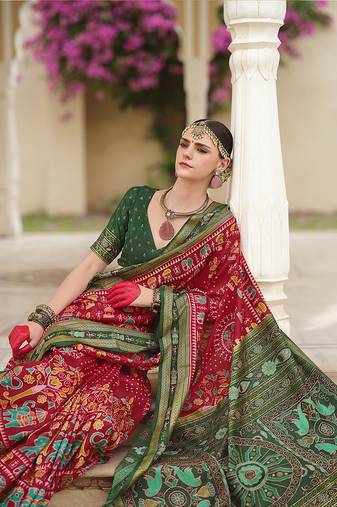 Silk Blend foil print classic saree in red