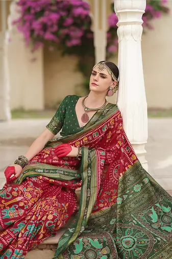 Silk Blend foil print classic saree in red