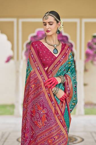 Silk Blend foil print classic saree in turquoise