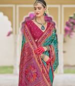 Silk Blend foil print classic saree in turquoise