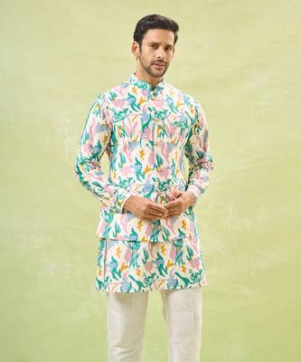 Multi coloured embossed kurta-jacket set 1