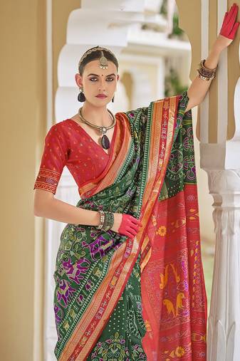 Silk Blend foil print classic saree in green