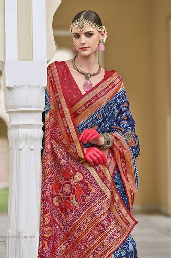 Silk Blend foil print classic saree in navy blue