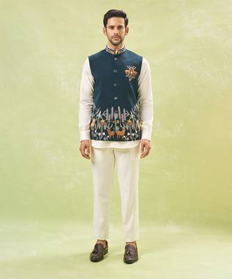Bottle green embroidered nehru jacket 1