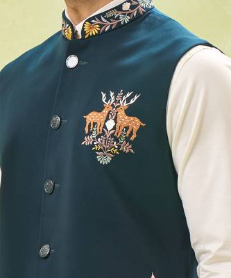 Bottle green embroidered nehru jacket 2