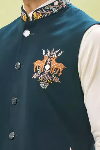 Bottle green embroidered nehru jacket