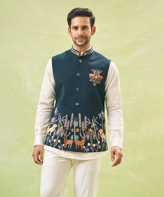 Bottle green embroidered nehru jacket 3