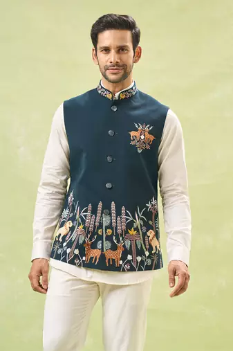 Bottle green embroidered nehru jacket