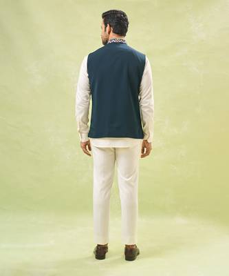 Bottle green embroidered nehru jacket 4