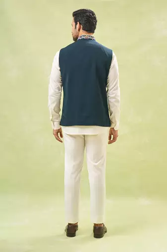 Bottle green embroidered nehru jacket