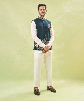 Bottle green embroidered nehru jacket 5