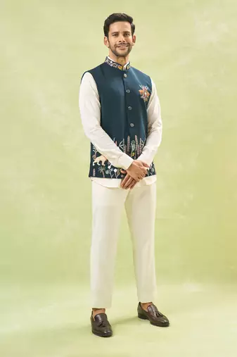 Bottle green embroidered nehru jacket