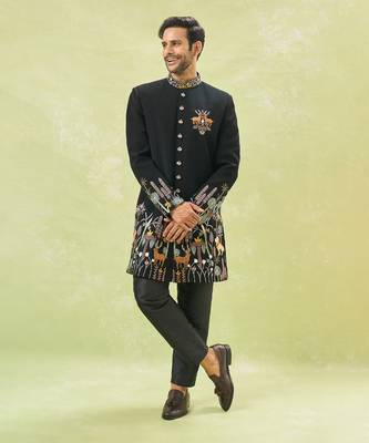 Black wildlife embroidered achkan set 1