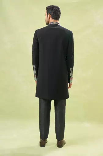 Black wildlife embroidered achkan set