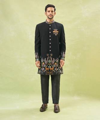 Black wildlife embroidered achkan set 4