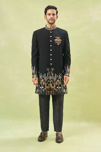 Black wildlife embroidered achkan set