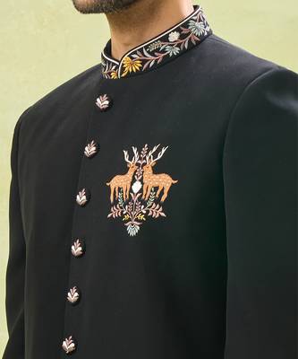 Black wildlife embroidered achkan set 5