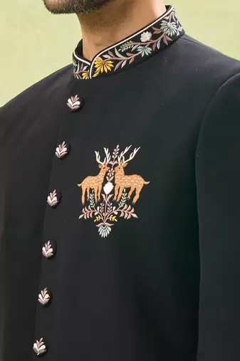 Black wildlife embroidered achkan set