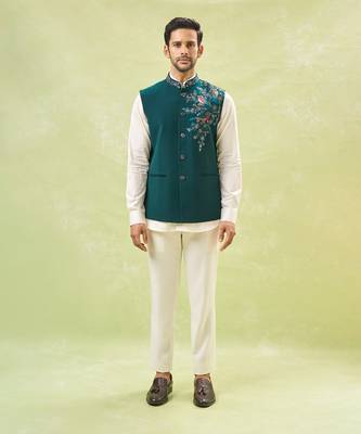 Teal green embroidered nehru jacket 1
