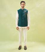 Teal green embroidered nehru jacket
