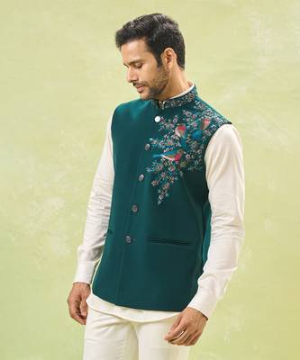 Teal green embroidered nehru jacket 2