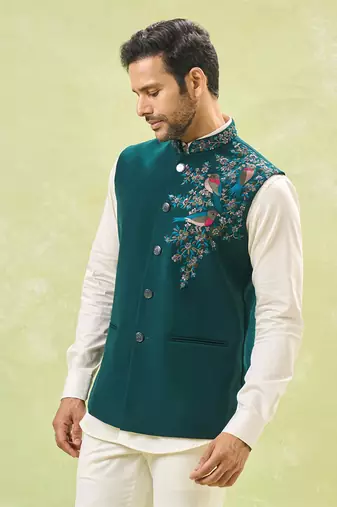 Teal green embroidered nehru jacket