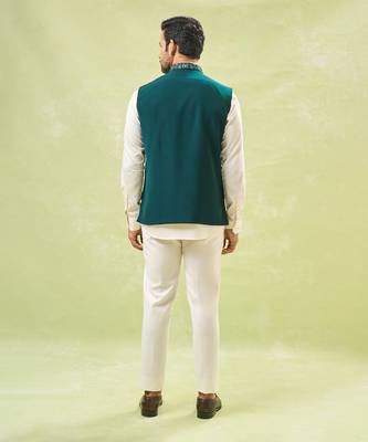 Teal green embroidered nehru jacket 3