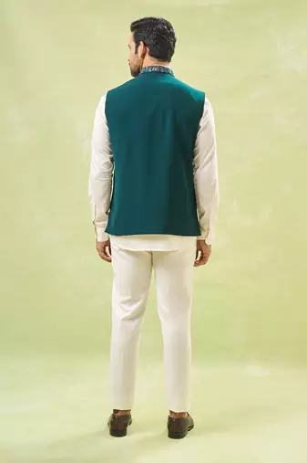 Teal green embroidered nehru jacket