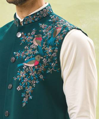 Teal green embroidered nehru jacket 4