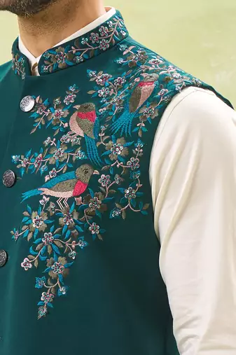Teal green embroidered nehru jacket