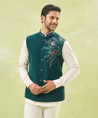 Teal green embroidered nehru jacket 5
