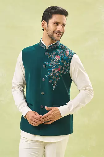 Teal green embroidered nehru jacket