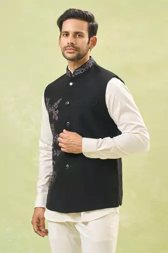 Black embroidered nehru jacket