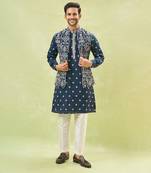 Royal blue embroidered kurta-jacket set