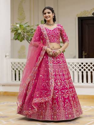 Trendmalls Pink Satin Thread and Sequin Work Lehenga Choli 1