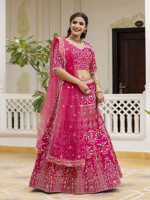Trendmalls Pink Satin Thread and Sequin Work Lehenga Choli 3