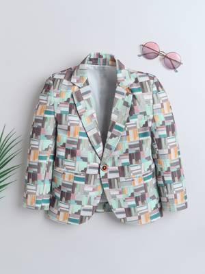 Olivegreen abstract geometrical print polyester spandex blazer 1