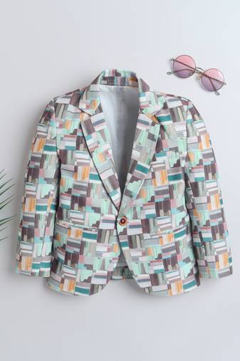 Olivegreen abstract geometrical print polyester spandex blazer