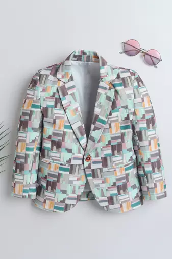 Olivegreen abstract geometrical print polyester spandex blazer