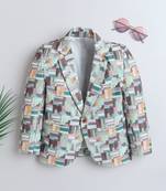 Olivegreen abstract geometrical print polyester spandex blazer